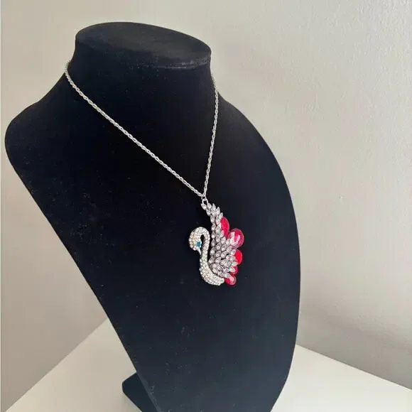 Silver Swan Pendant Necklace with Red Crystal Accents - Picture 1 of 8